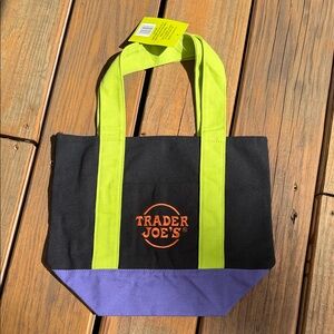 Trader Joe’s Mini Black Canvas Tote with Lime Handles and Purple Base